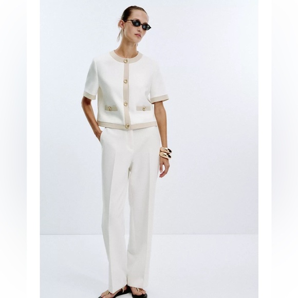 Zara White and Tan Short Sleeve Blazer Medium - Picture 2 of 9